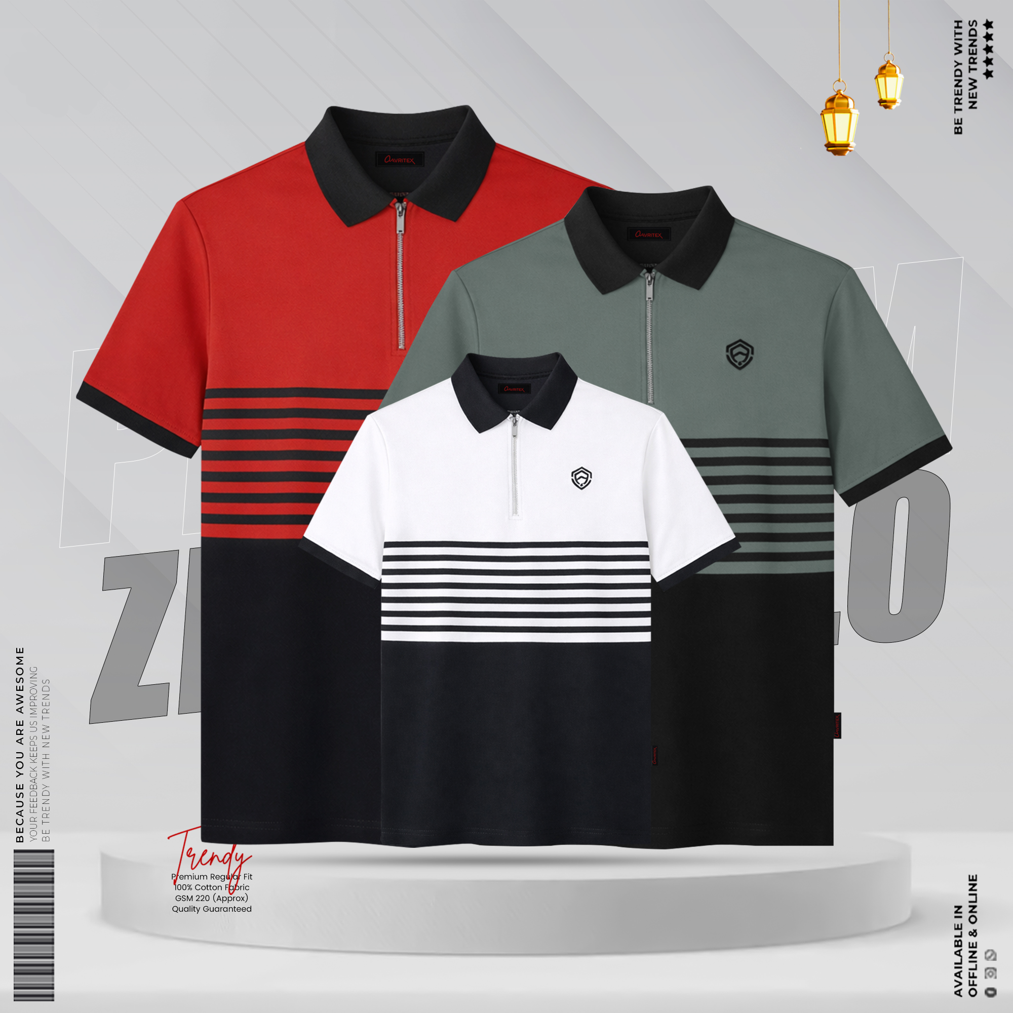 ATX-224225226.webp Premium Quality Half Zipper Contrast Polo Shirt Combo - Image 1