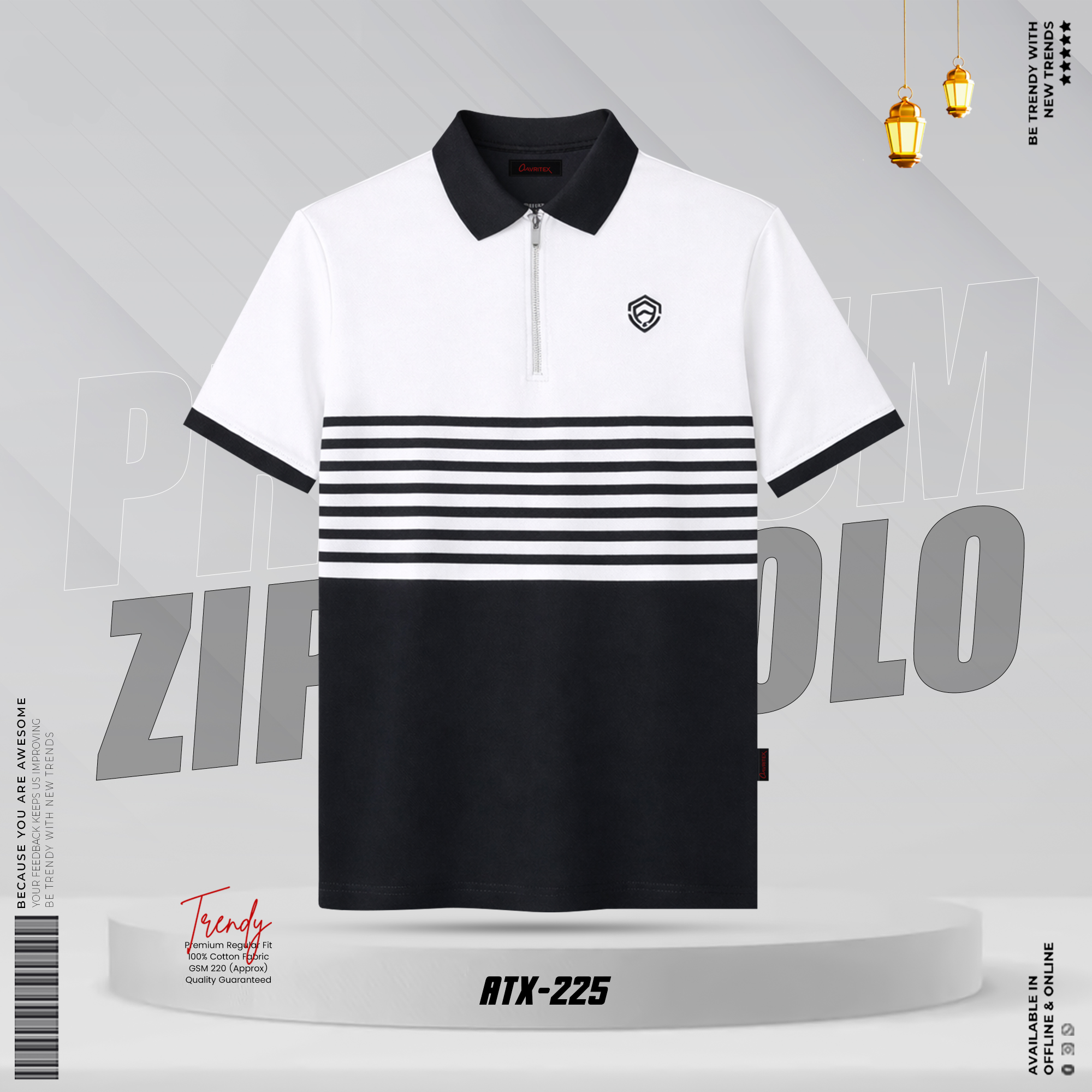 ATX-225.webp Premium Quality Half Zipper White & Black Contrast Polo Shirt - Image 1
