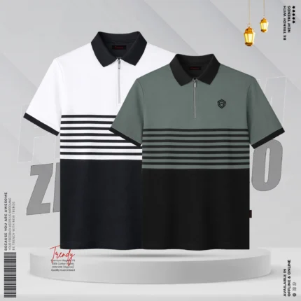 Premium Quality Half Zipper Contrast Polo Shirt Combo